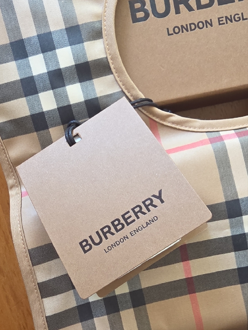 Burberry Beige Nova Check Baby Bib with Pink & Black Stripes - Picture 3 of 9
